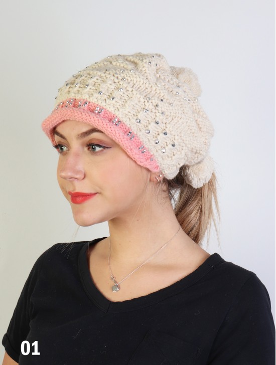 Rhinestone Beanie with Pom Pom